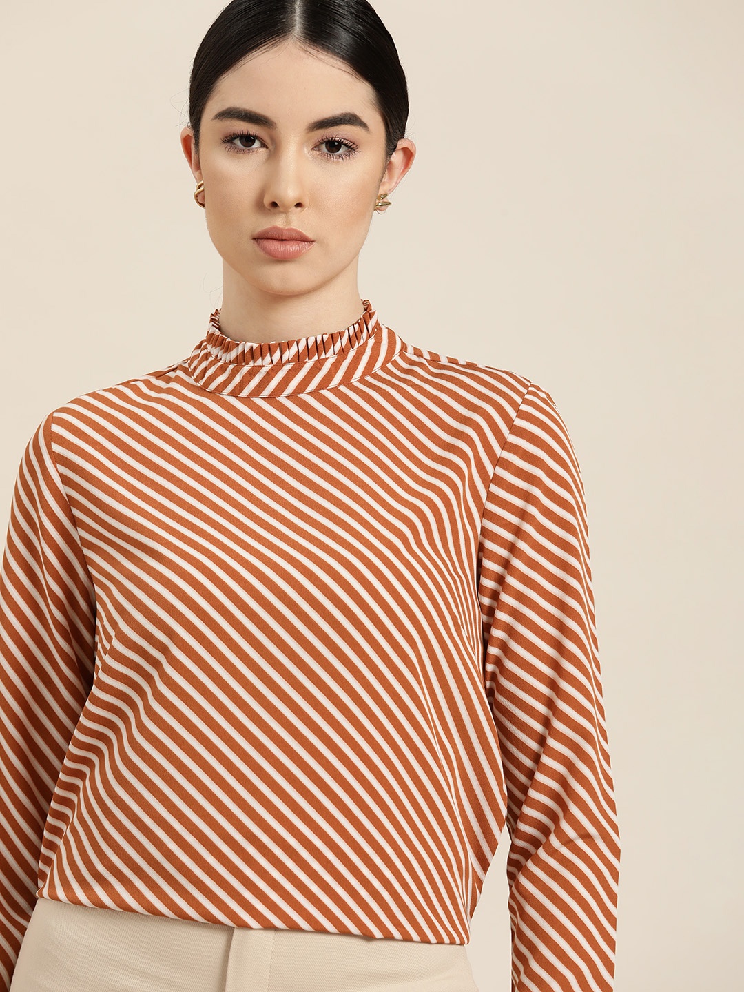 

her by invictus Women Brown & Off White Striped Regular Top