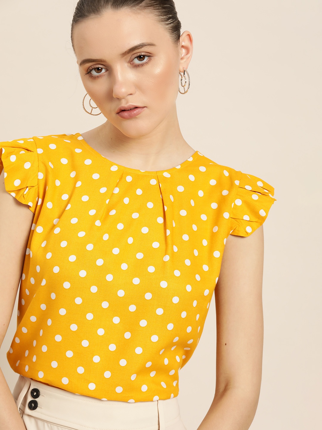 

her by invictus Yellow & White Polka Dots Printed Regular Top