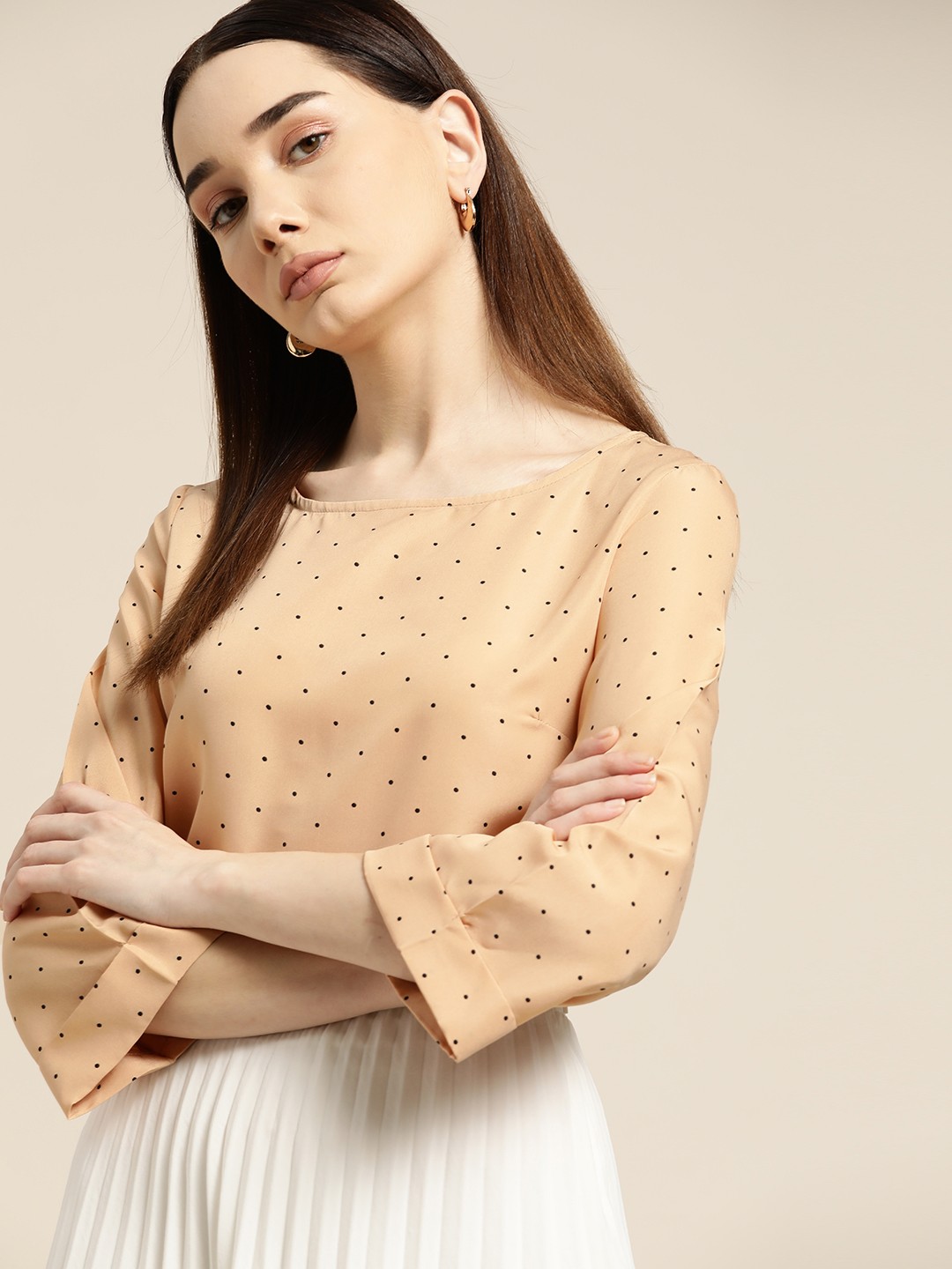 

her by invictus Beige & Black Dotted Print Top