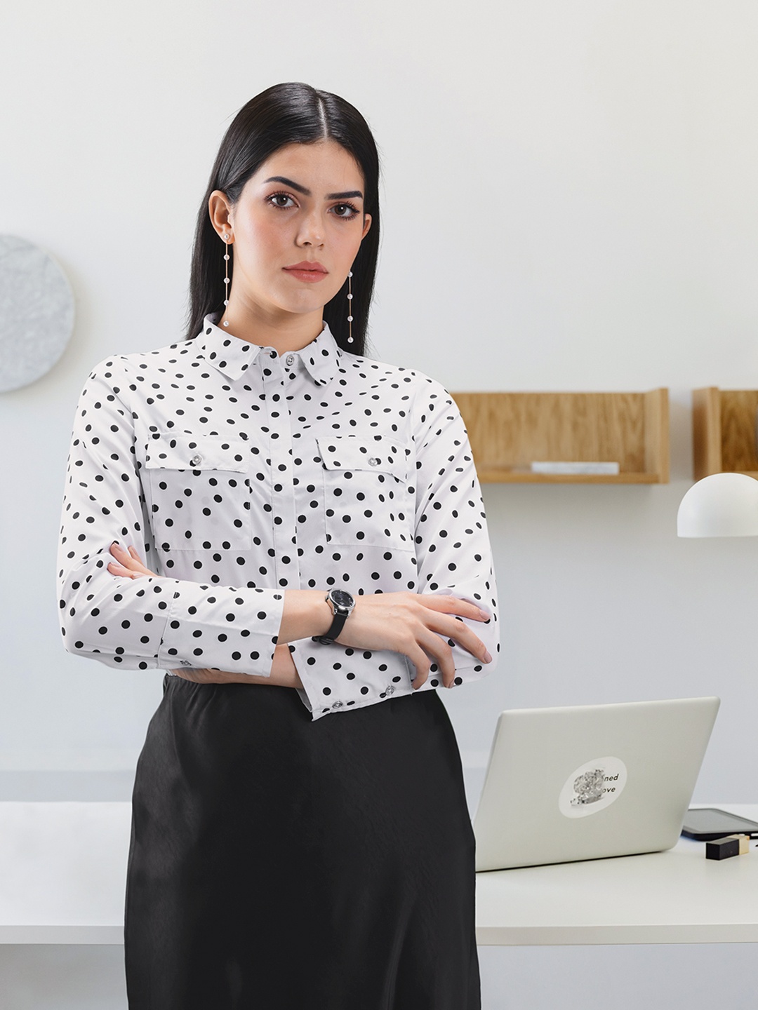 

her by invictus Women White & Black Polka Dots Printed Casual Shirt