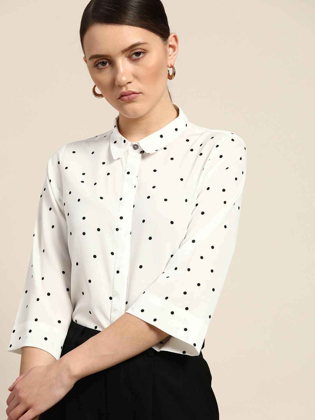 

her by invictus Women White & Black Polka Dot Print Casual Shirt