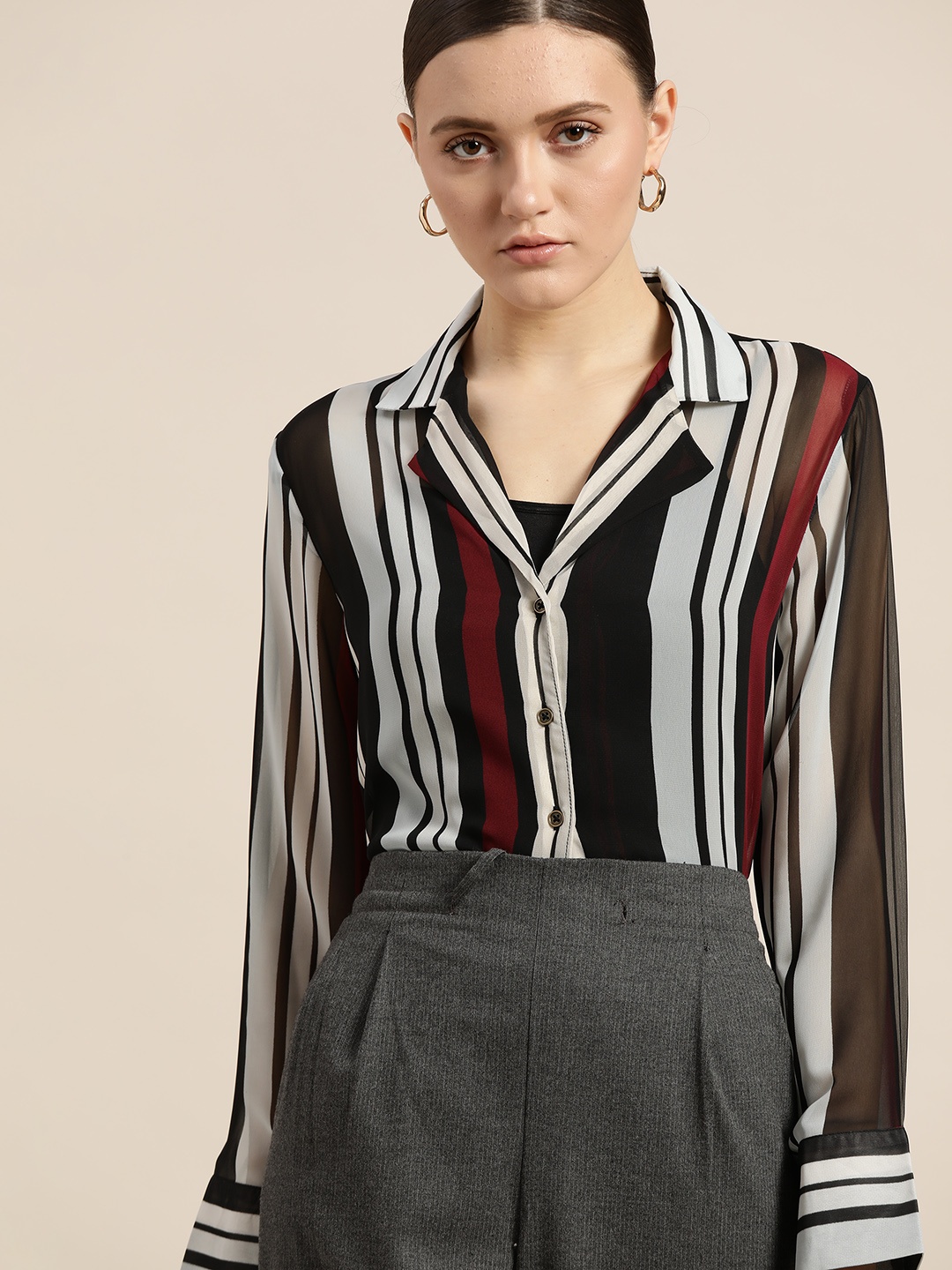 

her by invictus Women Black & Grey Striped Semi Sheer Casual Shirt