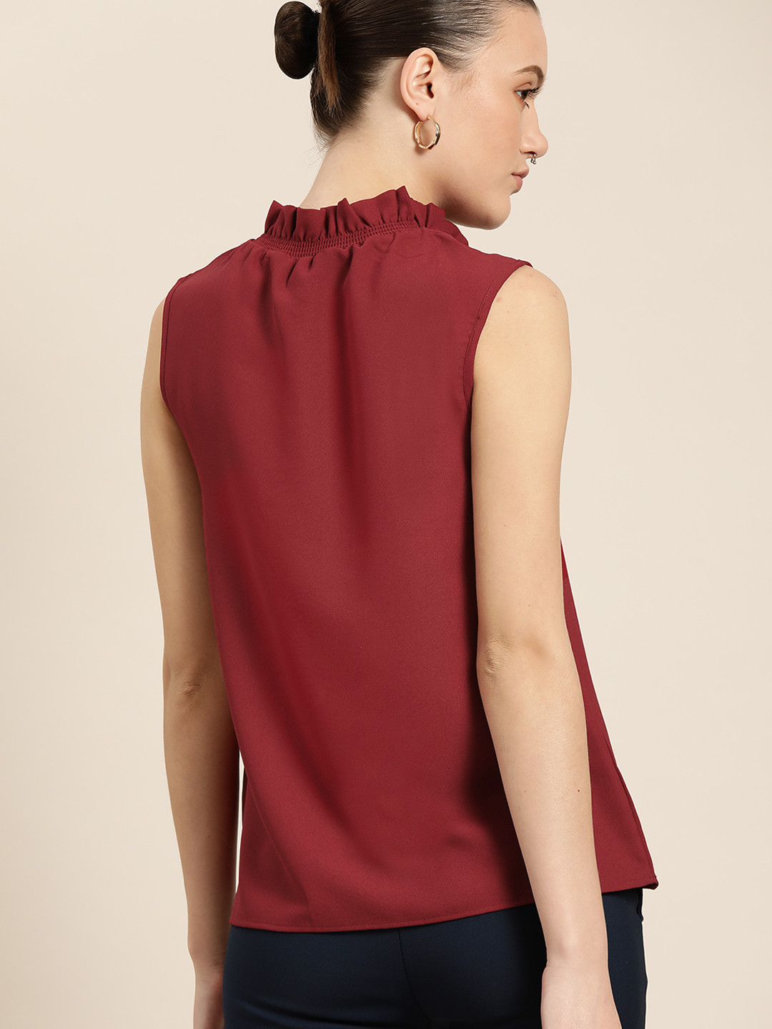 

her by invictus Maroon Solid Tie-Up Neck Regular Top With Ruffles Detail