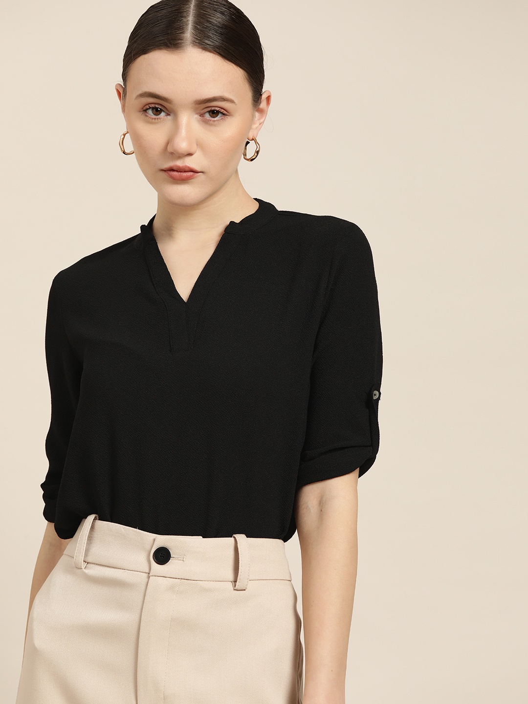 

her by invictus Women Black Solid Mandarin Collar Top