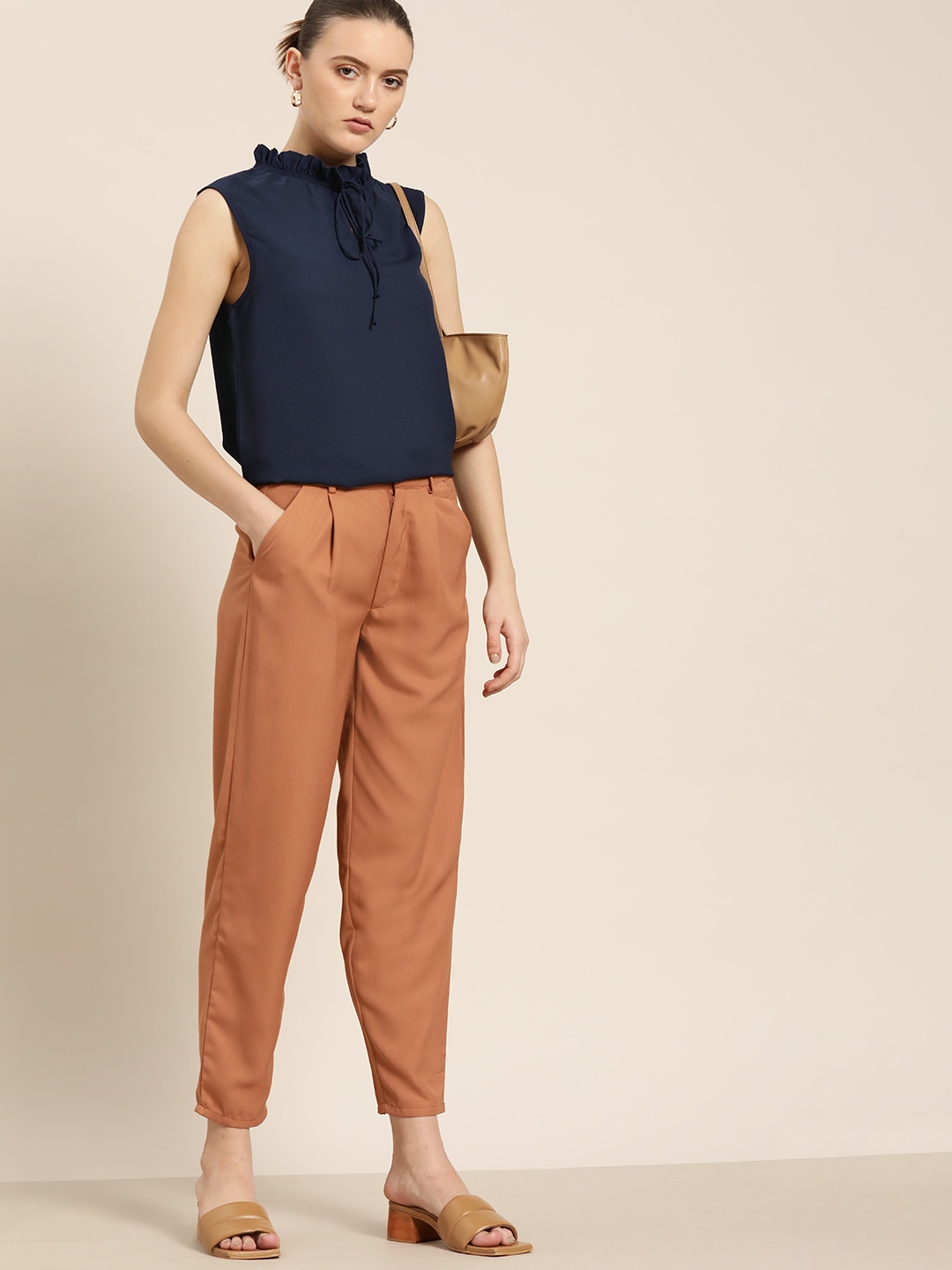 

her by invictus Navy Blue Solid Tie-Up Neck Regular Top With Ruffles Detail