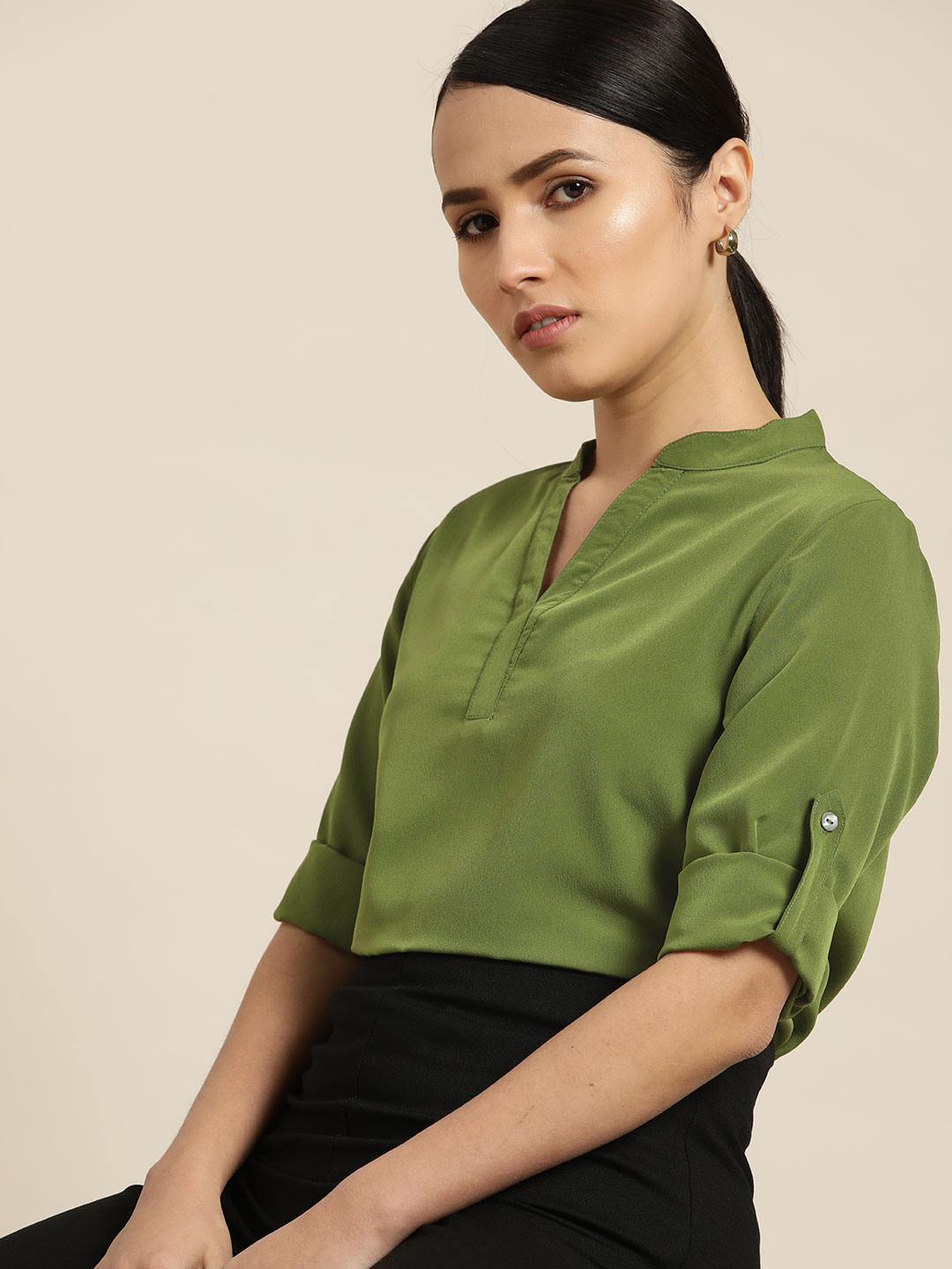 

her by invictus Women Olive Green Solid Mandarin Collar Top