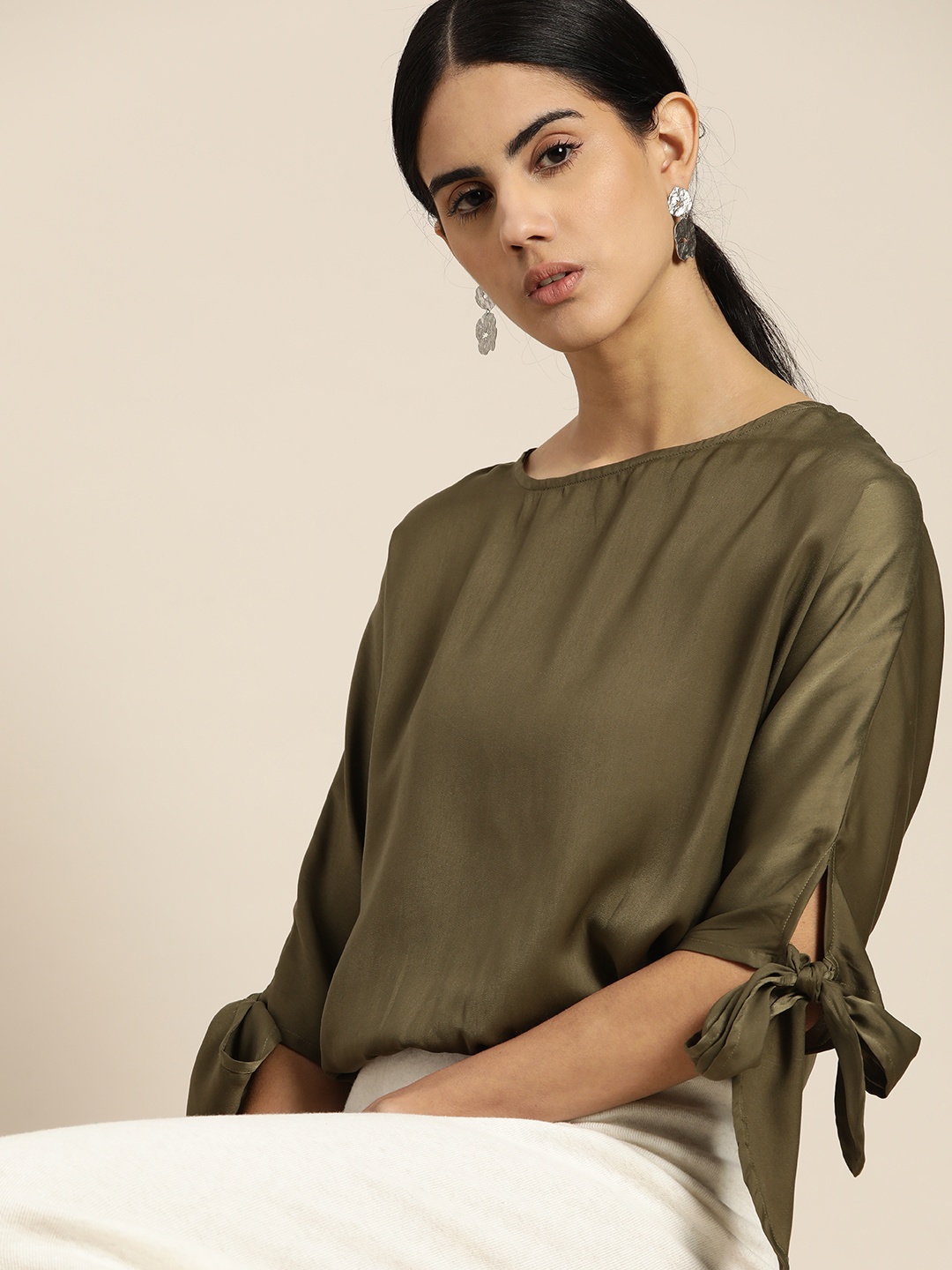 

her by invictus Olive Green Extended Sleeves Blouson Top