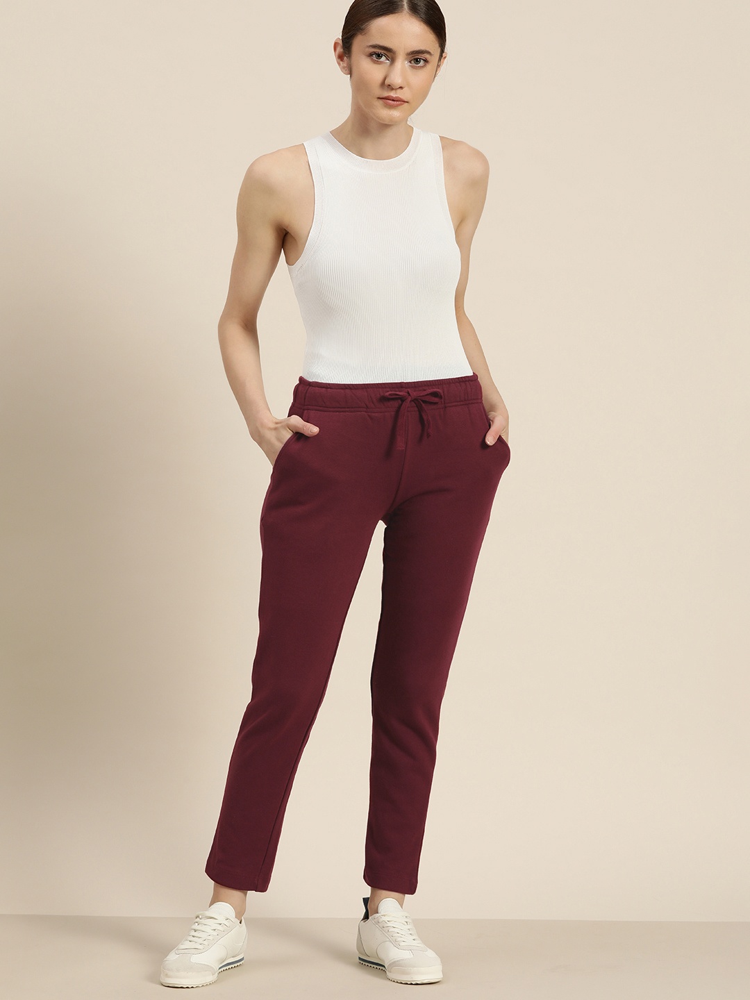 

her by invictus Women Regular Fit Cropped Track Pants, Burgundy