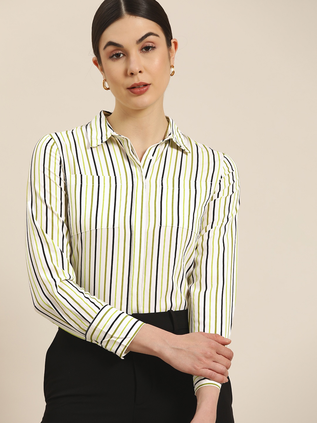 

her by invictus Women Off White & Green Striped Formal Shirt