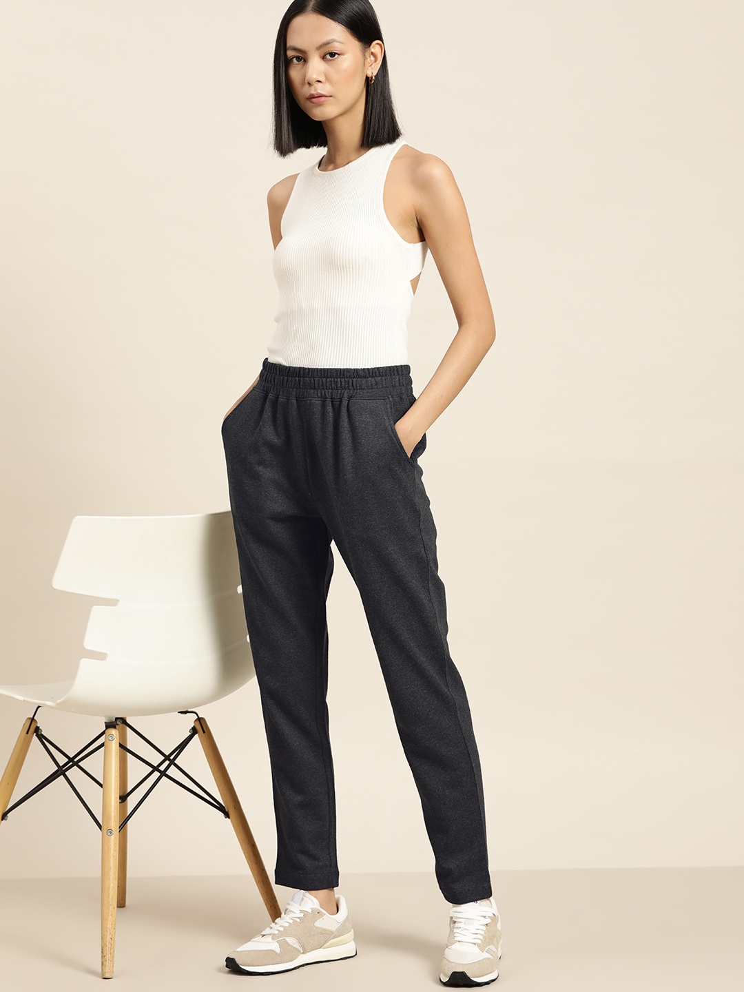

her by invictus Women Charcoal Grey Regular Fit Solid Track Pants