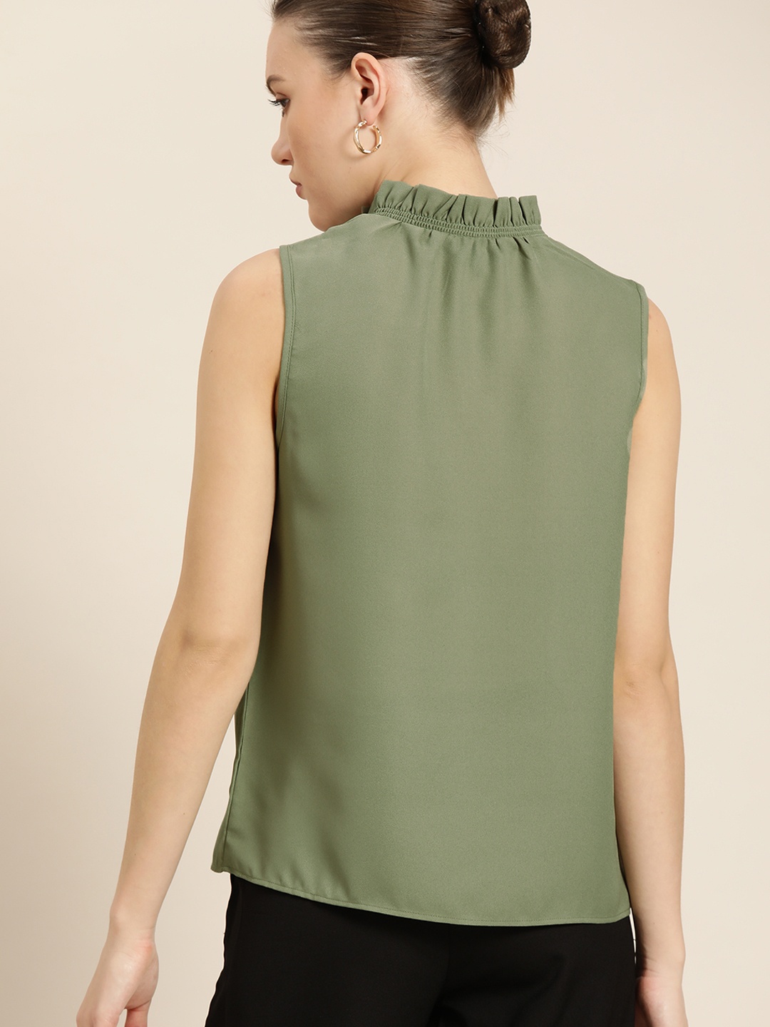 

her by invictus Olive Solid Tie-Up Neck Regular Top With Ruffles Detail