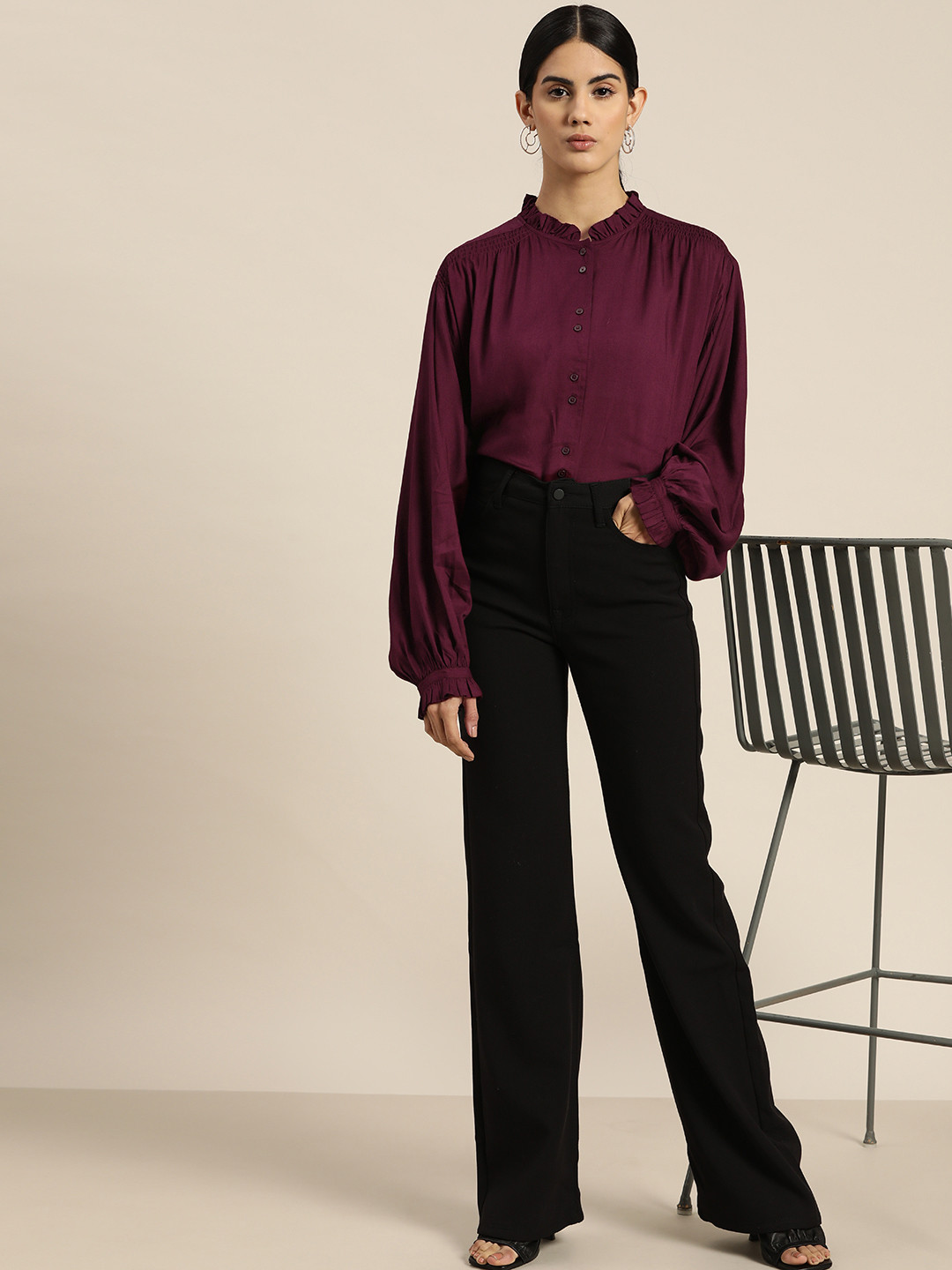 

her by invictus Burgundy Mandarin Collar Shirt Style Top