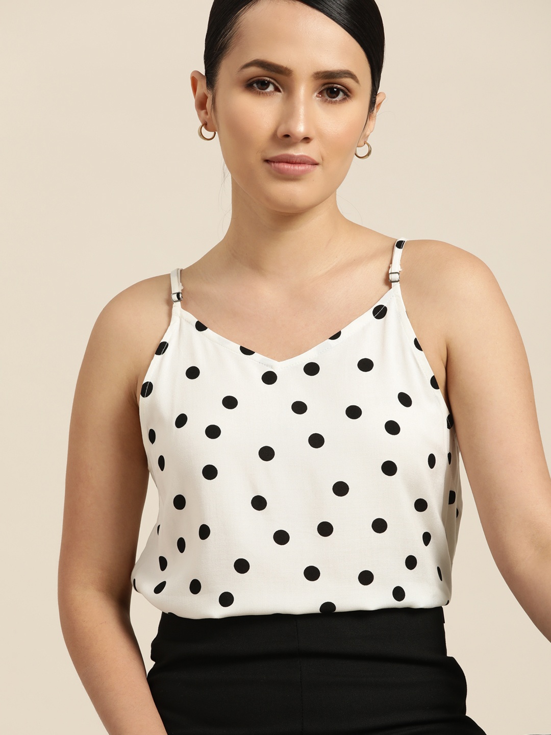 

her by invictus Women White & Black Polka Dot Print Cami Top