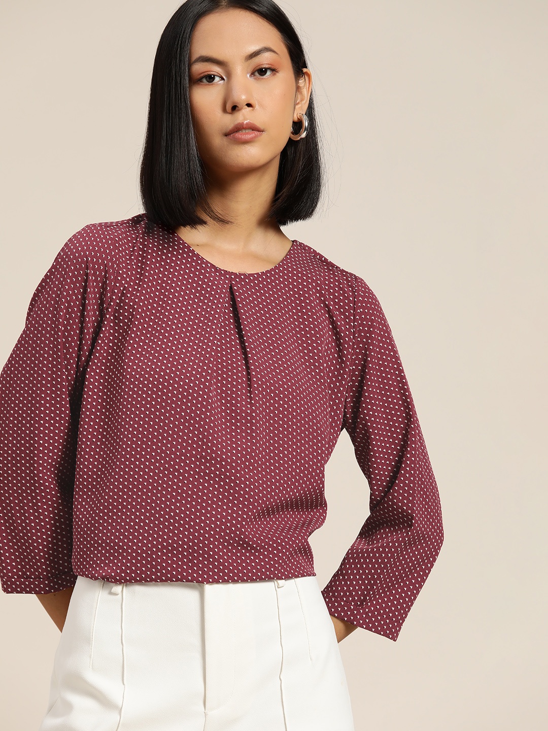 

her by invictus Maroon & White Geometric Print Top