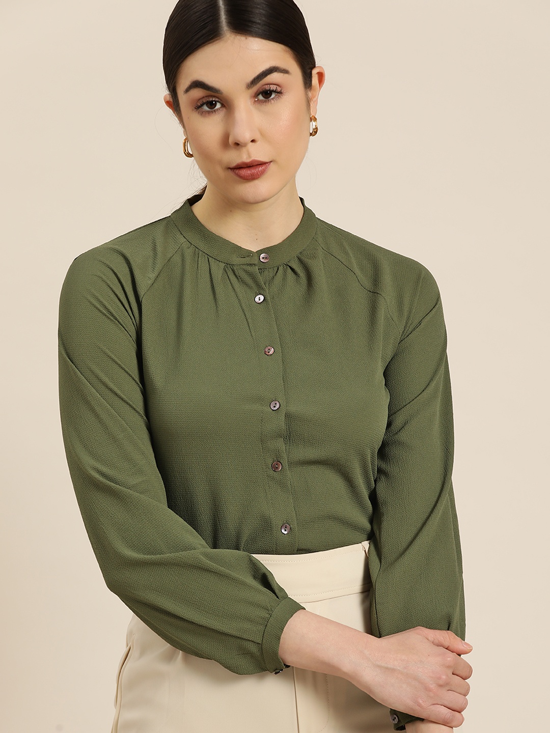 

her by invictus Women Olive Green Textured Formal Shirt