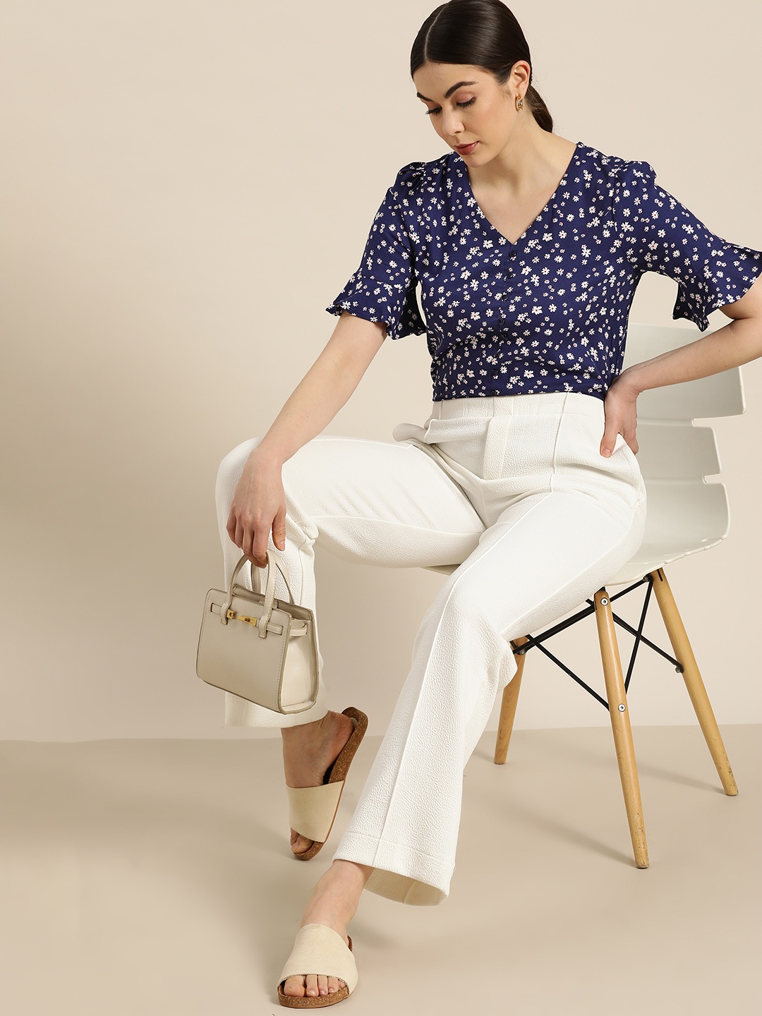 

her by invictus Women Navy Blue & White Floral Printed Formal Top