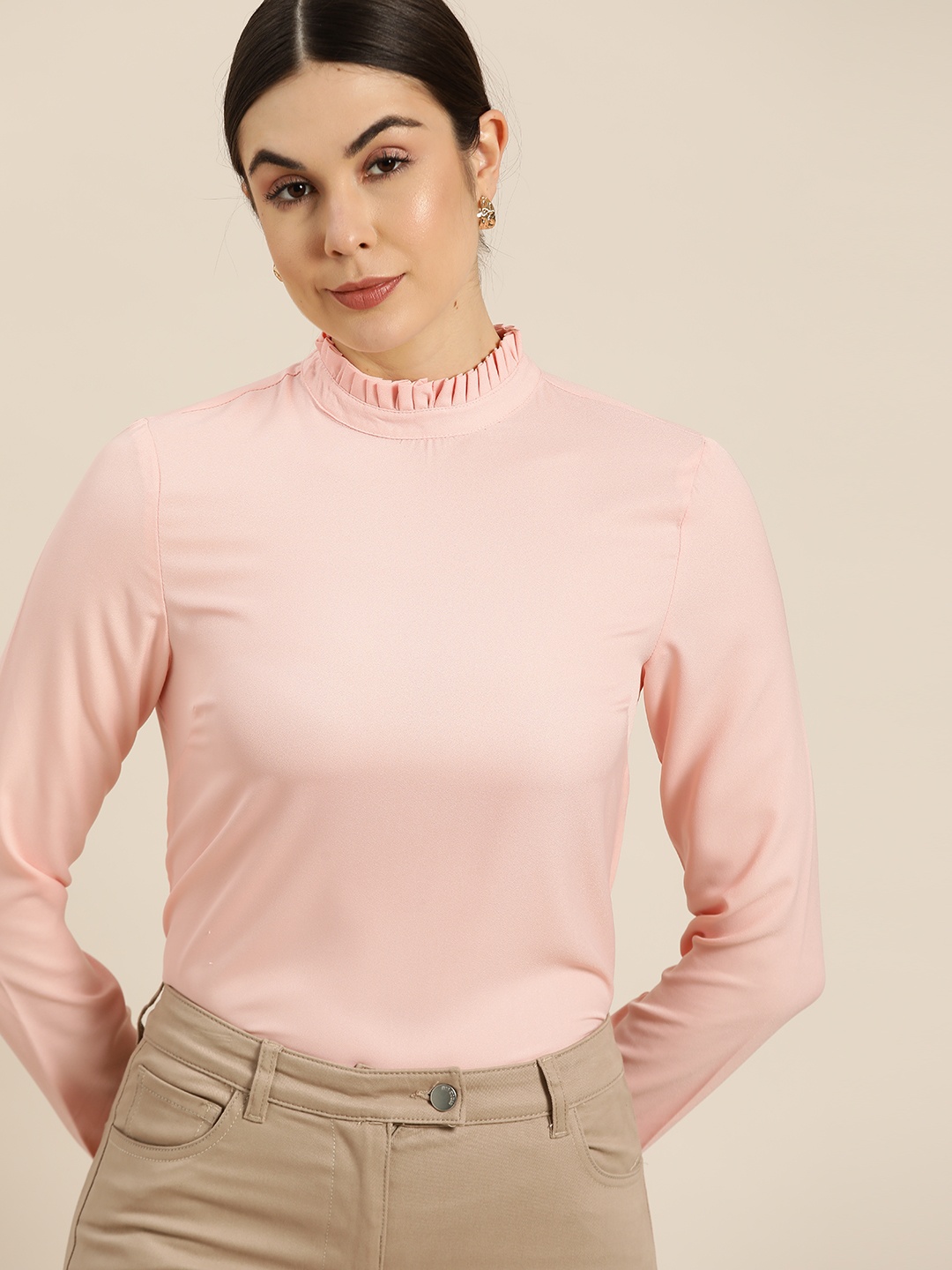 

her by invictus Women Pink Solid Ruffles Neck Formal Top