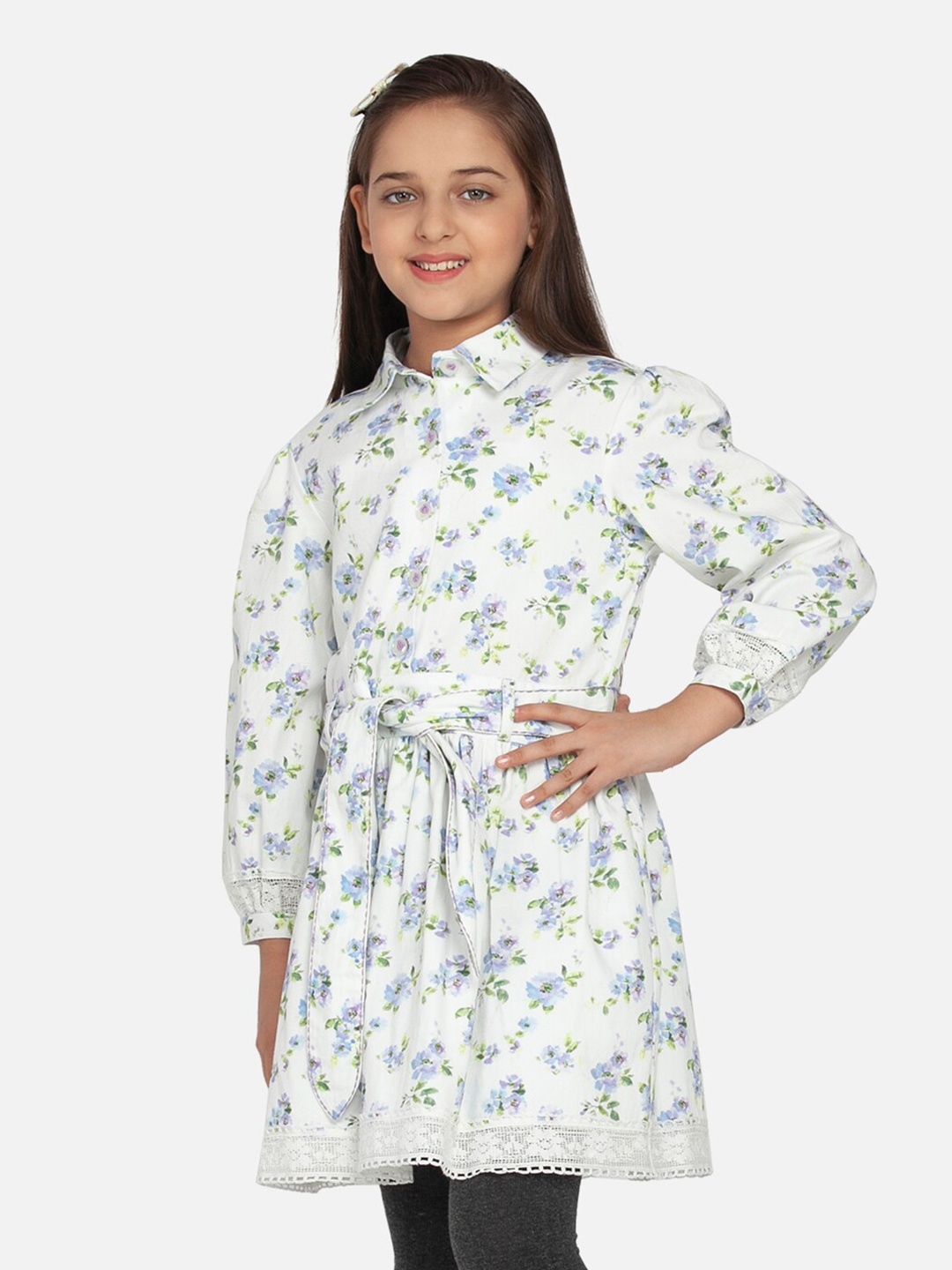 

BLANC9 Girls Off White & Blue Shirt Collar Printed Tunic