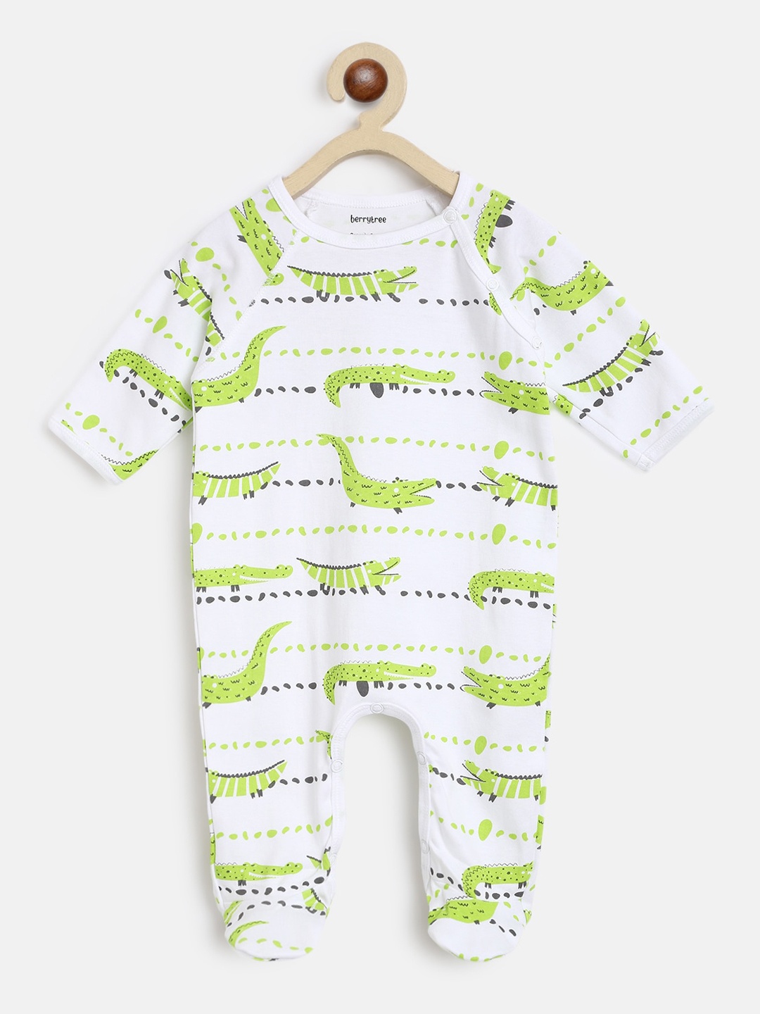 

berrytree Infant Kids White & Green Printed Slim Fit Organic Cotton Sleepsuit