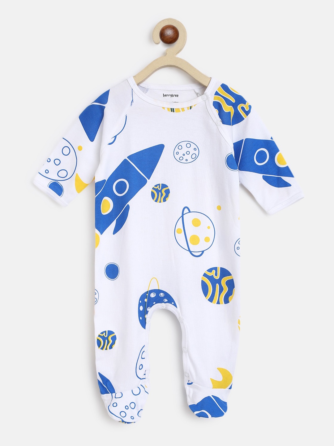 

berrytree Infant Kids White & Blue Printed Slim Fit Organic Cotton Sleepsuit