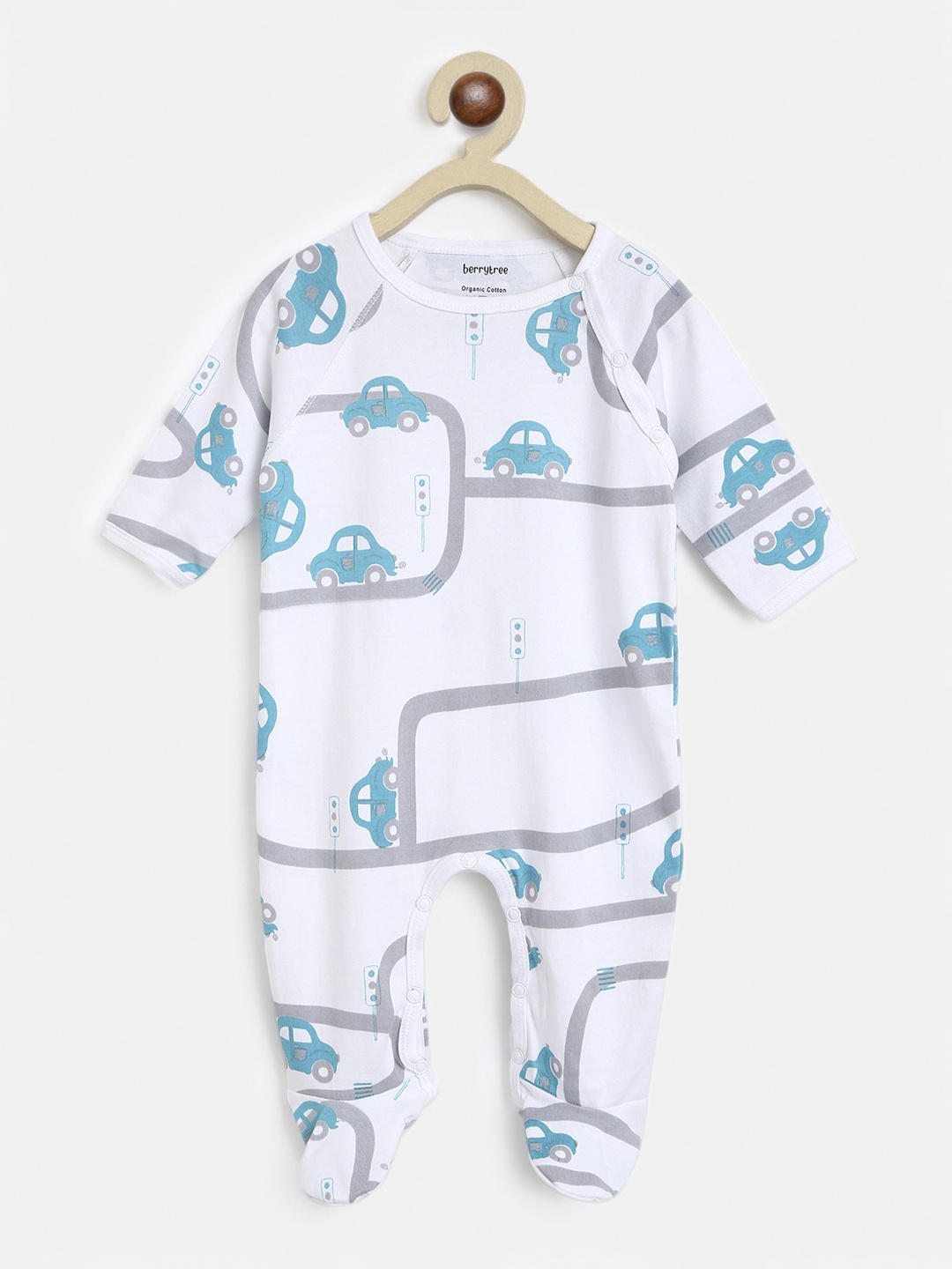 

berrytree Infant Kids White & Blue Printed Slim Fit Organic Cotton Sleepsuit