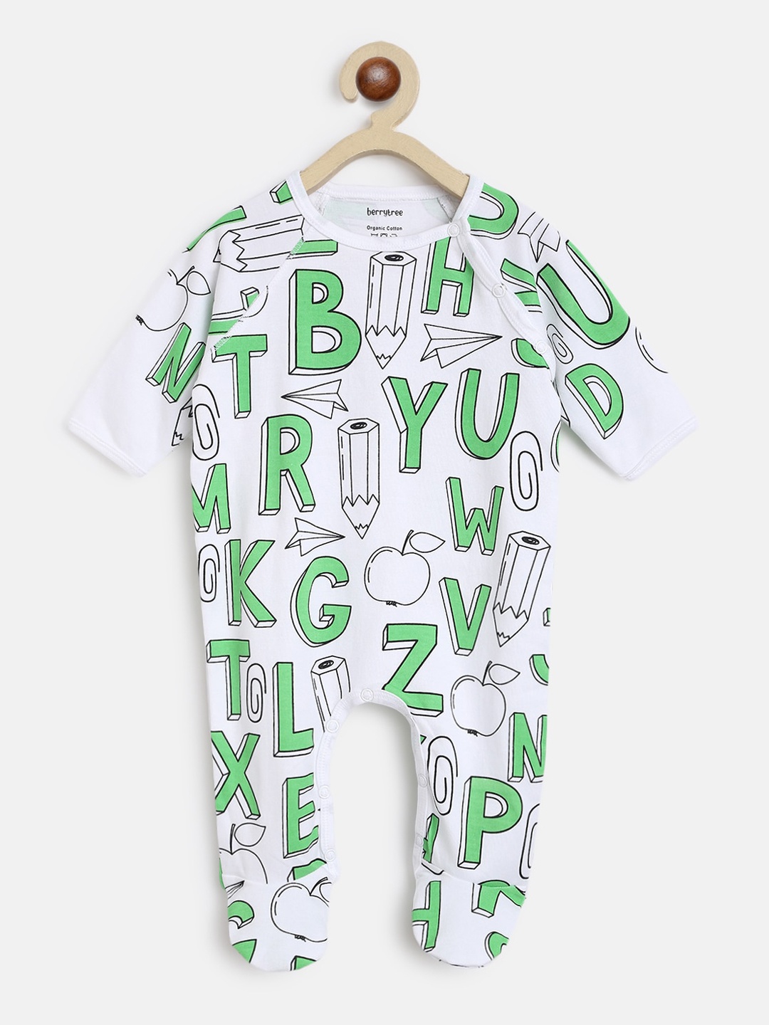 

berrytree Infant Kids White & Green Printed Slim Fit Organic Cotton Sleepsuit