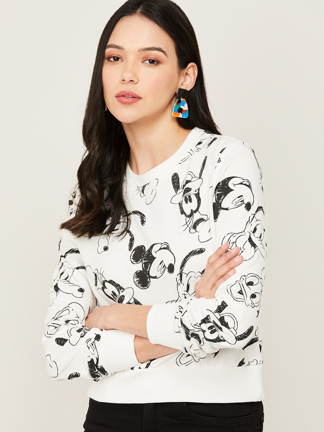 

Ginger by Lifestyle Women Off White Mickey Mouse Printed Cotton Sweatshirt