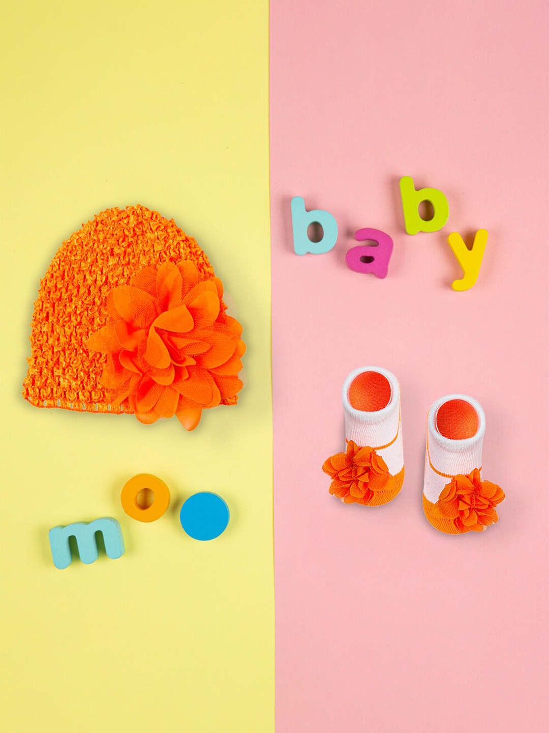 

Baby Moo Girls Orange Floral Beanie & Socks Set