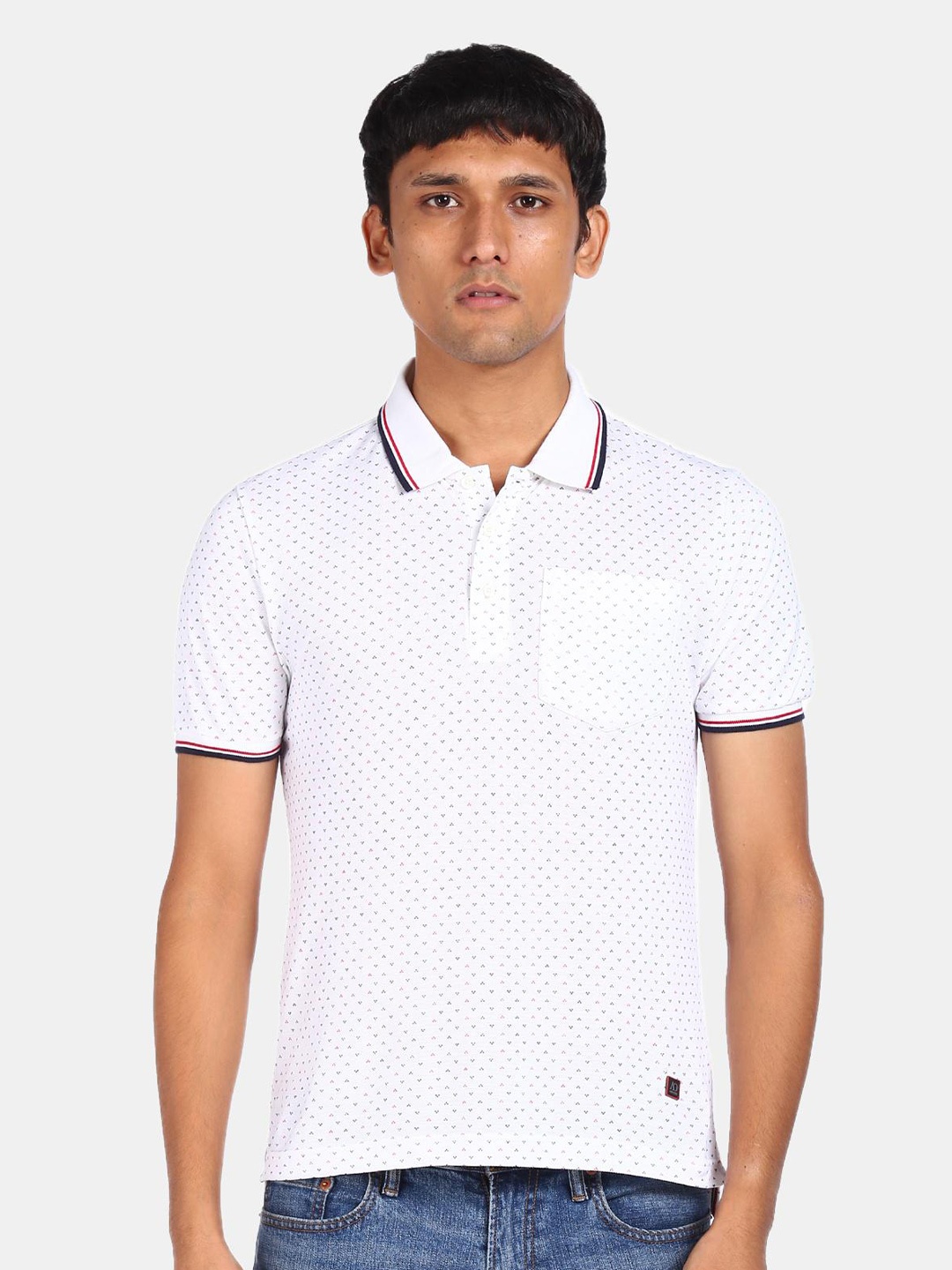 

AD By Arvind Men White Printed Polo Collar Pure Cotton T-shirt