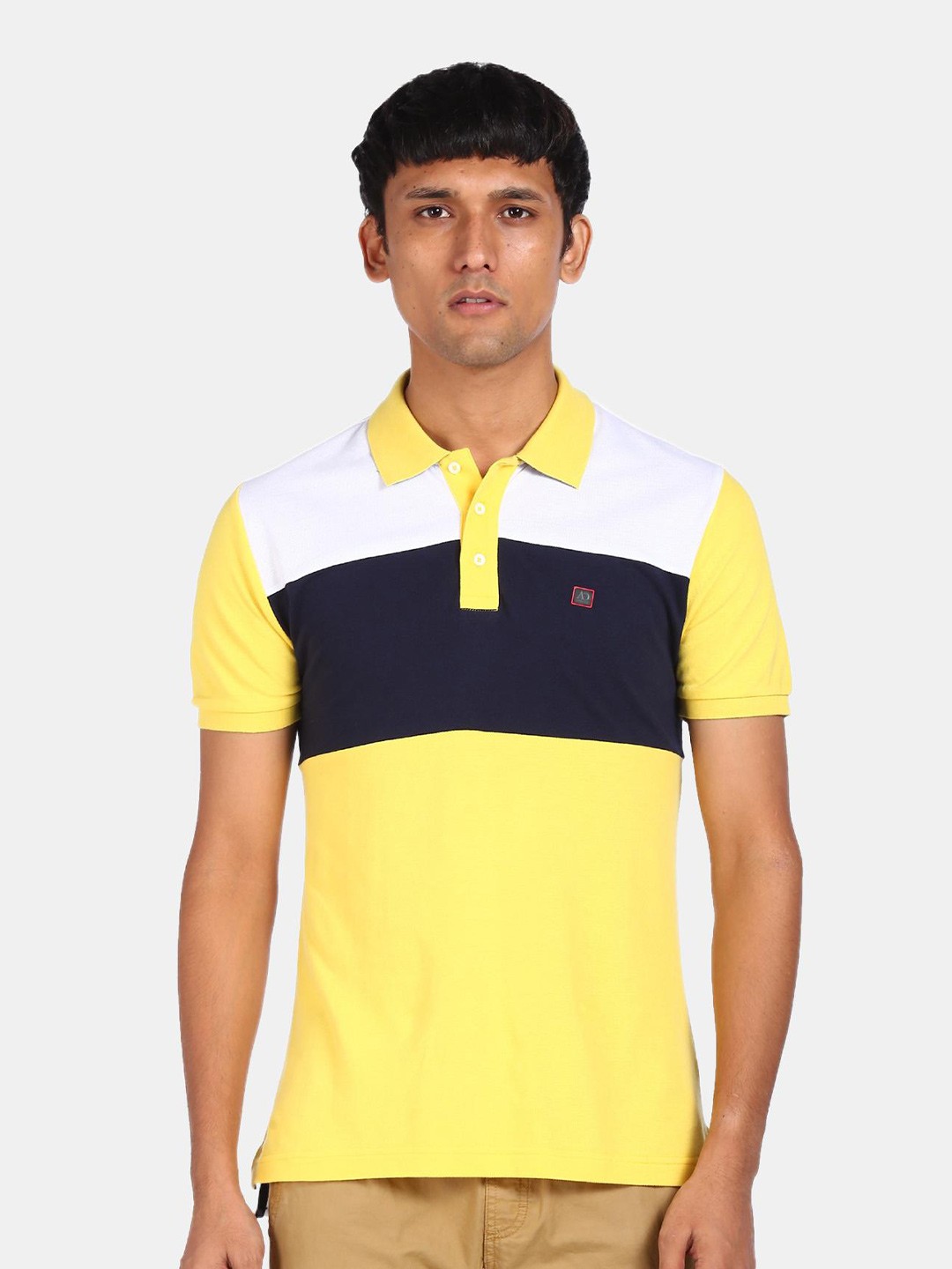 

AD By Arvind Men Yellow & Black Colourblocked Polo Collar T-shirt