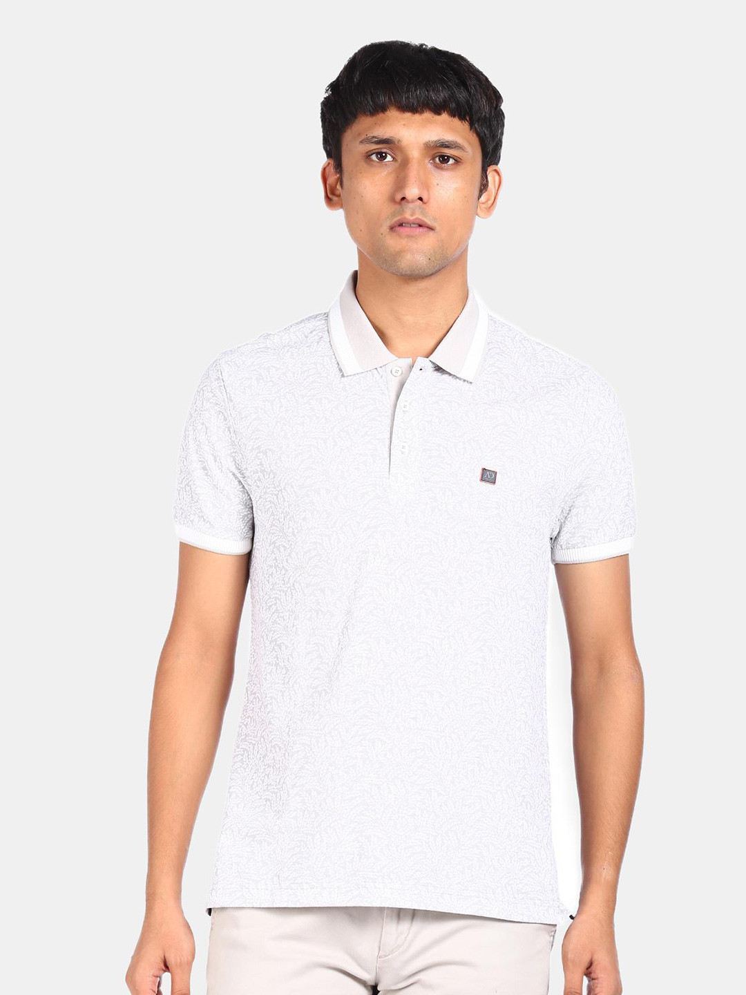 

AD By Arvind Men White & Grey Polo Collar Pure Cotton T-shirt