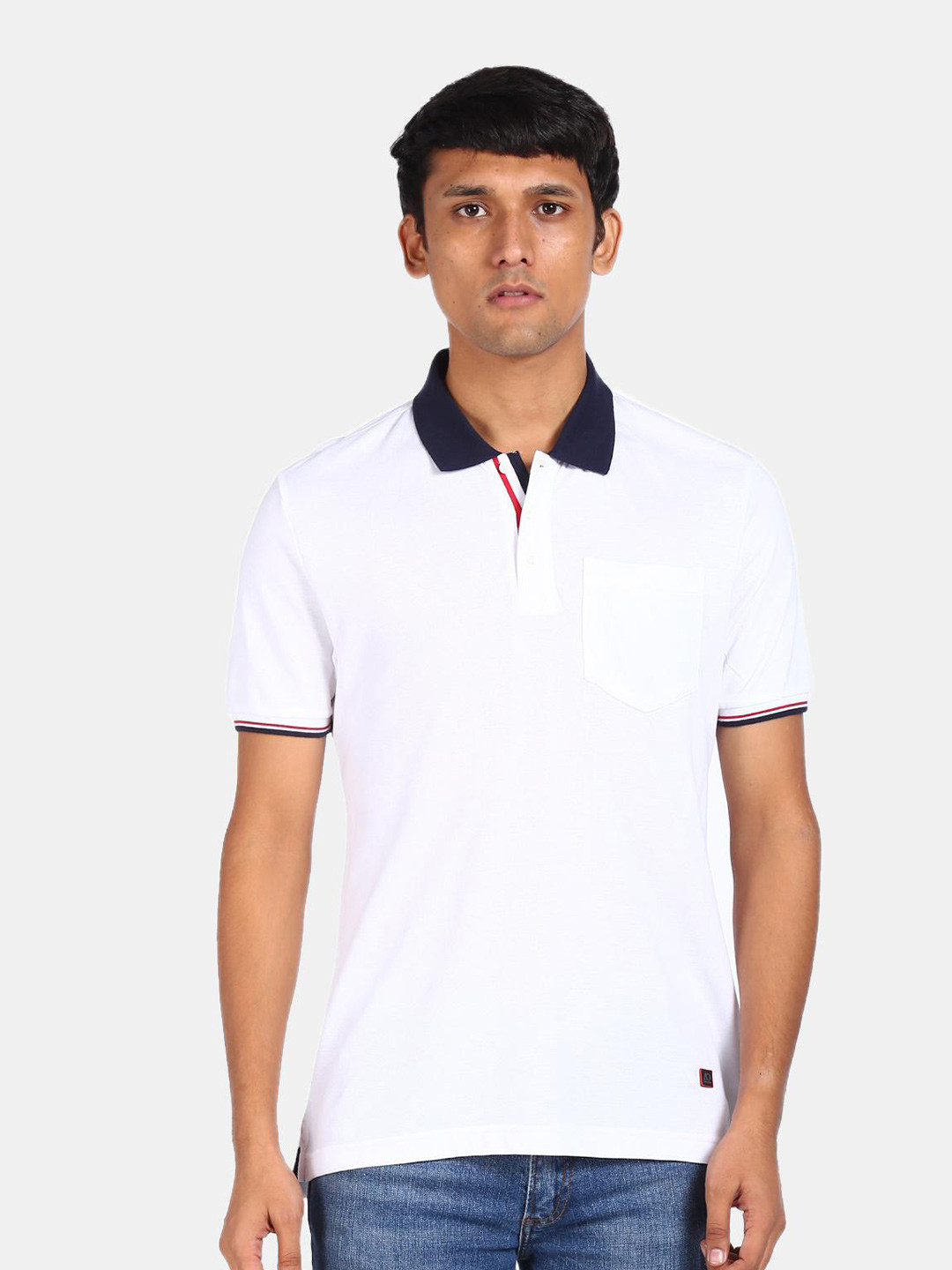 

AD By Arvind Men White & Navy Blue Colourblocked Polo Collar Pure Cotton T-shirt
