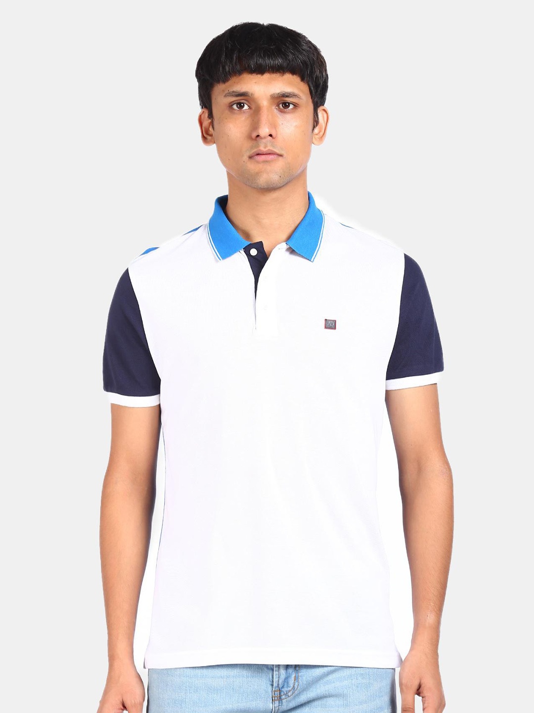

AD By Arvind Men White & Blue Colourblocked Polo Collar T-shirt