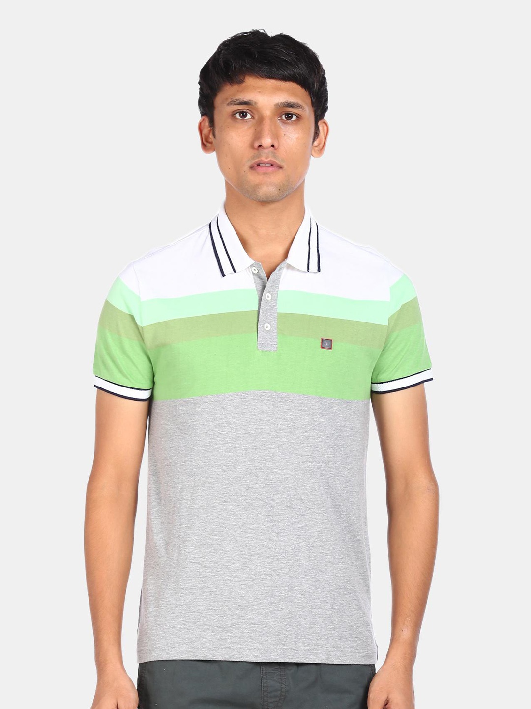 

AD By Arvind Men Grey & Green Colourblocked Polo Collar T-shirt