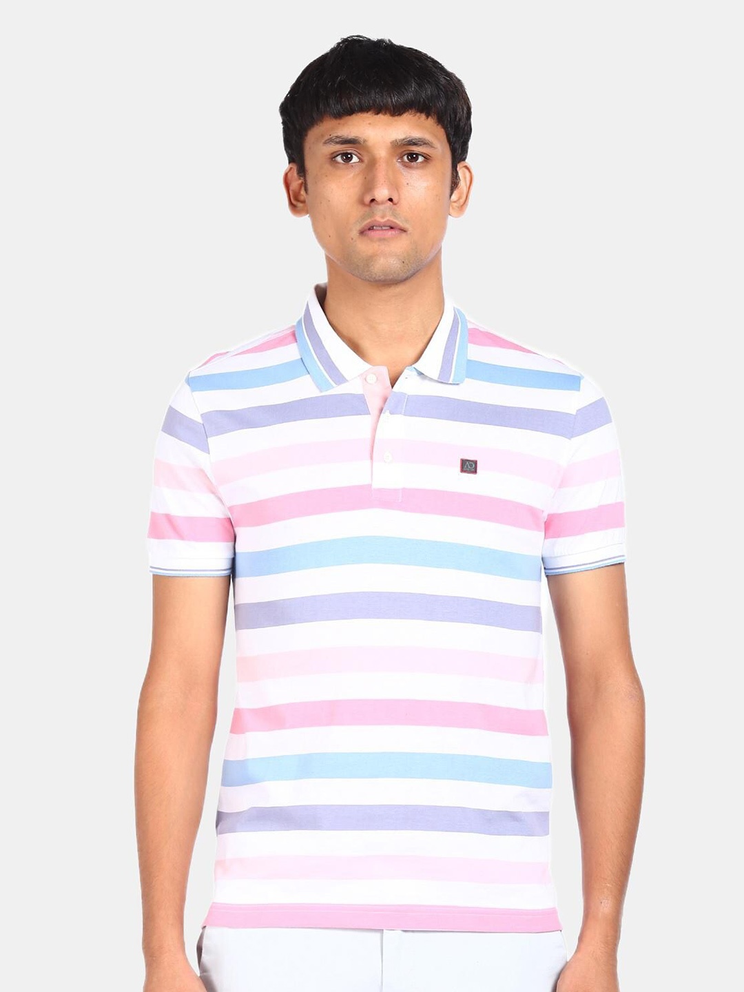 

AD By Arvind Men White & Pink Striped Polo Collar Pure Cotton T-shirt