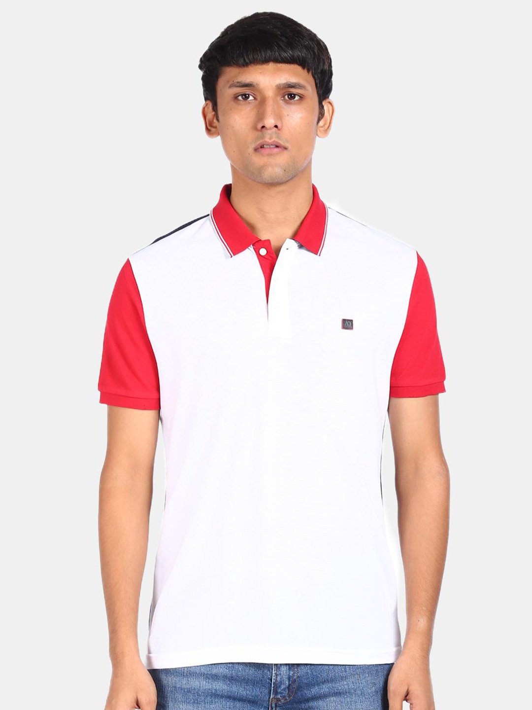 

AD By Arvind Men White & Navy Blue Polo Collar T-shirt