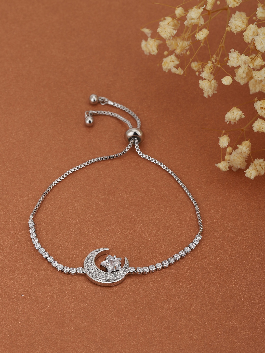 

Carlton London Silver-Toned CZ-Studded Rhodium-Plated Handcrafted Link Bracelet