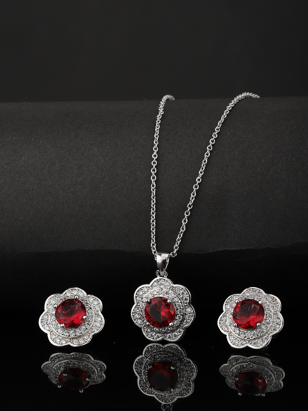 

Carlton London Red & White Rhodium-Plated CZ Studded Handcrafted Jewellery Set