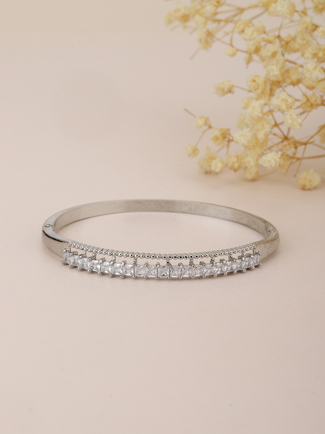 

Carlton London Silver-Toned CZ-Studded Rhodium-Plated Handcrafted Cuff Bracelet