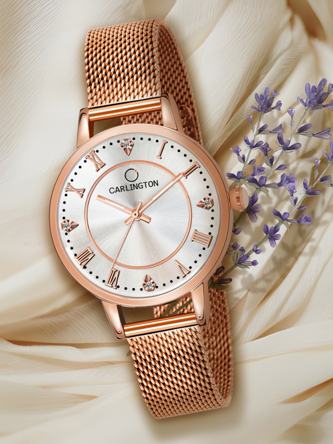 

CARLINGTON Women Cream-Coloured Embellished Dial & Rose Gold Toned Stainless Steel Bracelet Style Straps Watch