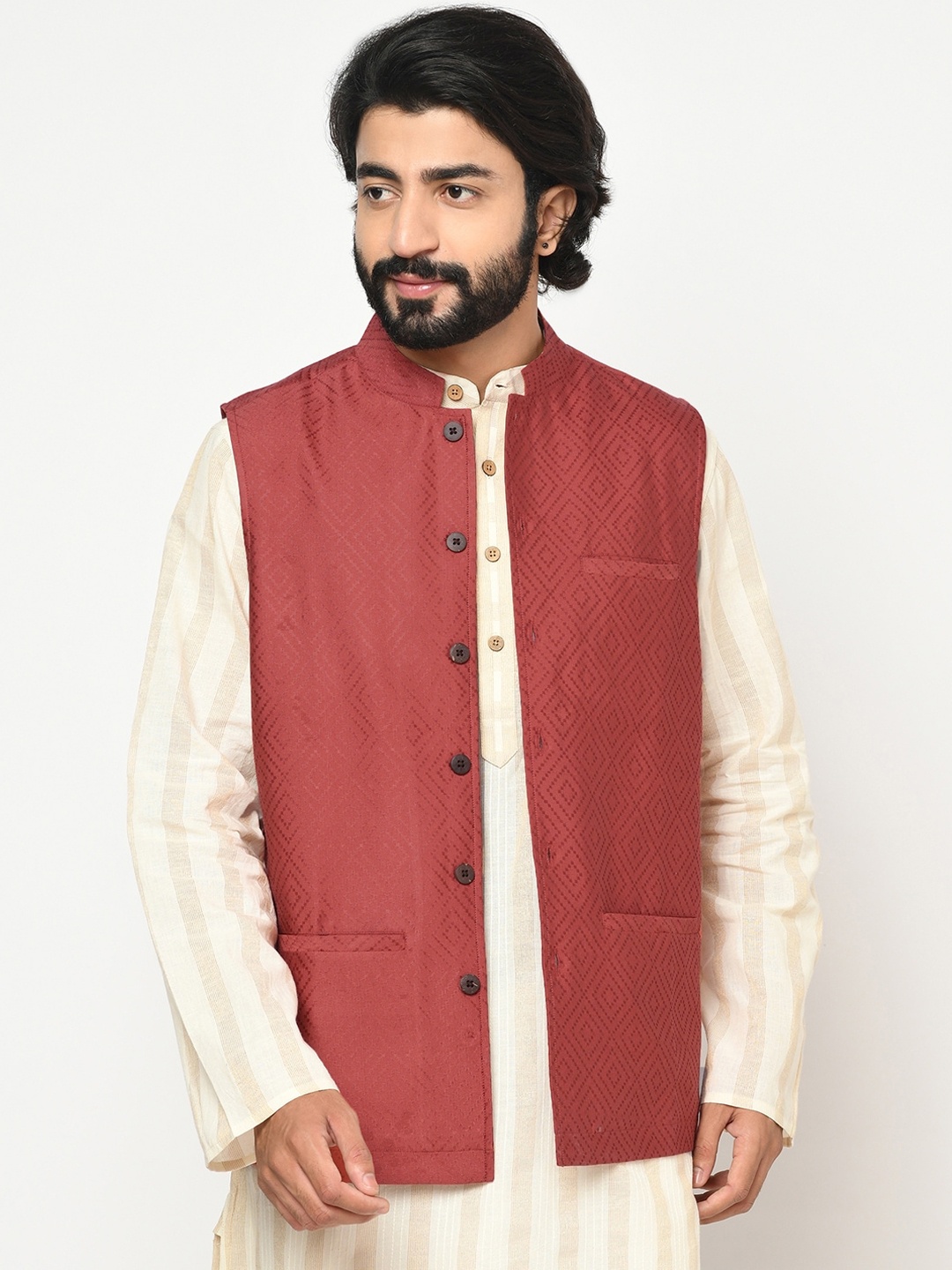 

Fabindia Men Red Woven Design Nehru Jacket