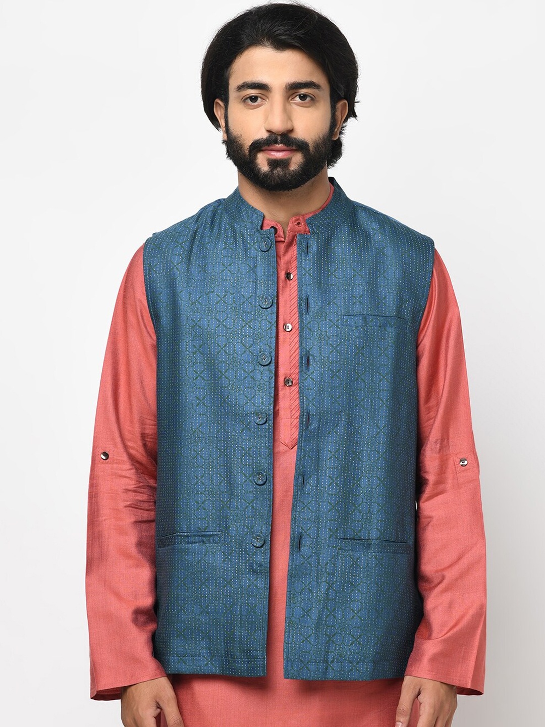 

Fabindia Men Blue & Black Printed Woven Nehru Jacket