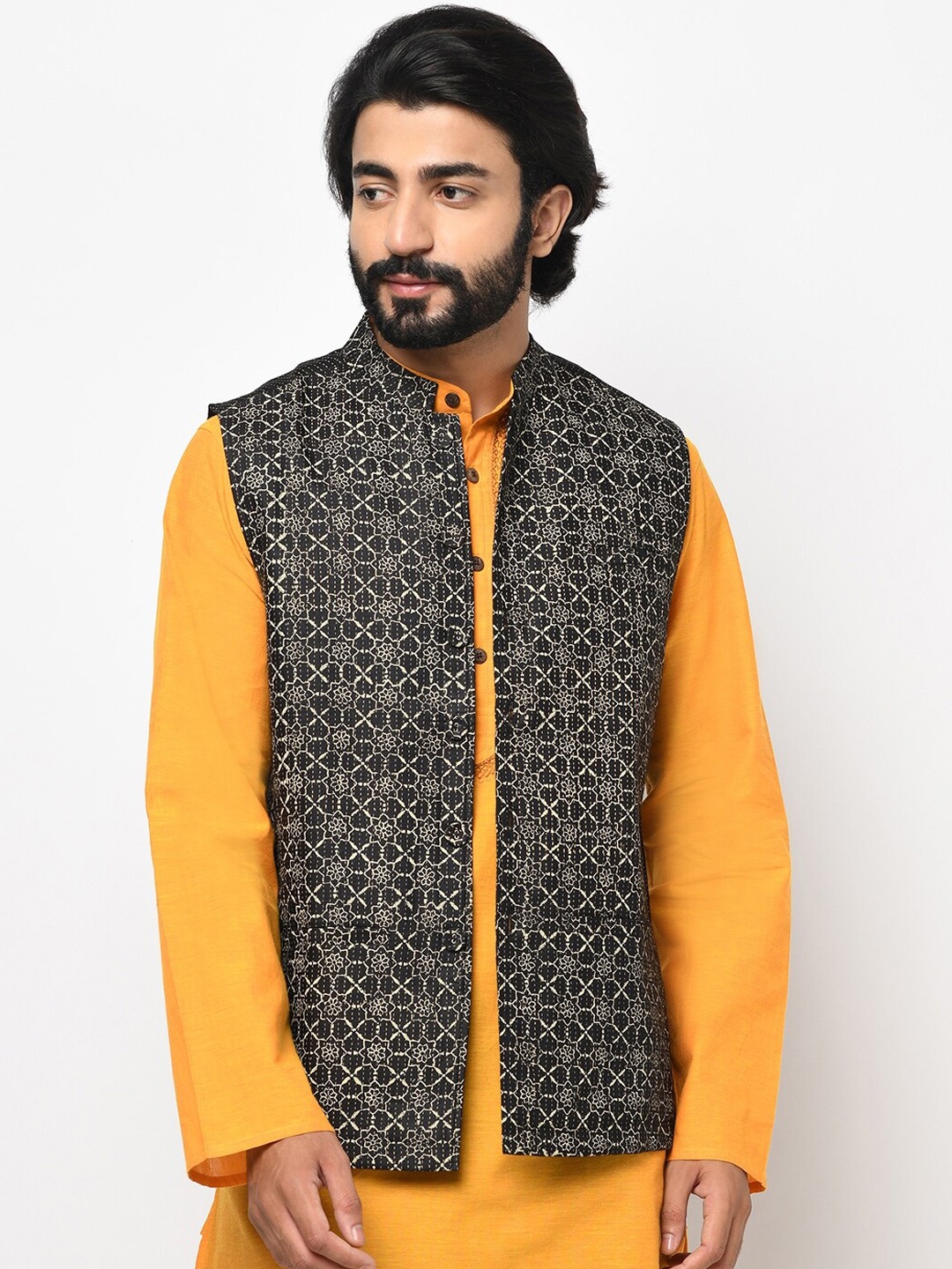 

Fabindia Men Black & White Woven Design Nehru Jacket