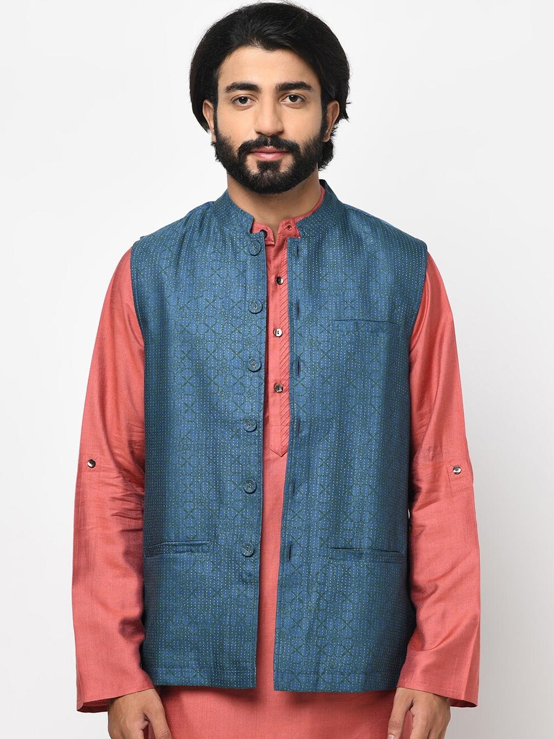 

Fabindia Men Blue Woven Design Nehru Jacket