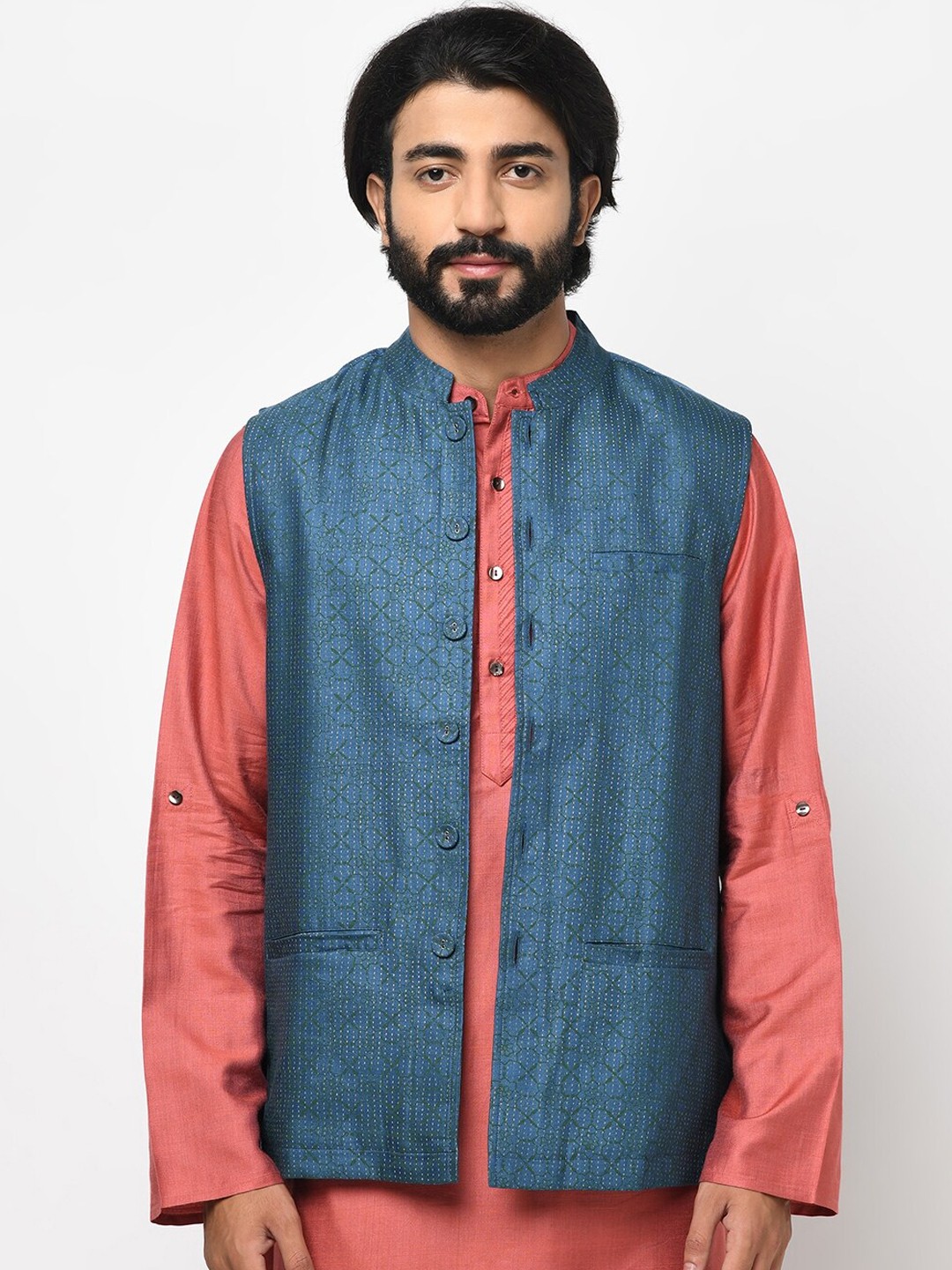 

Fabindia Men Blue & Green Printed Woven Nehru Jacket