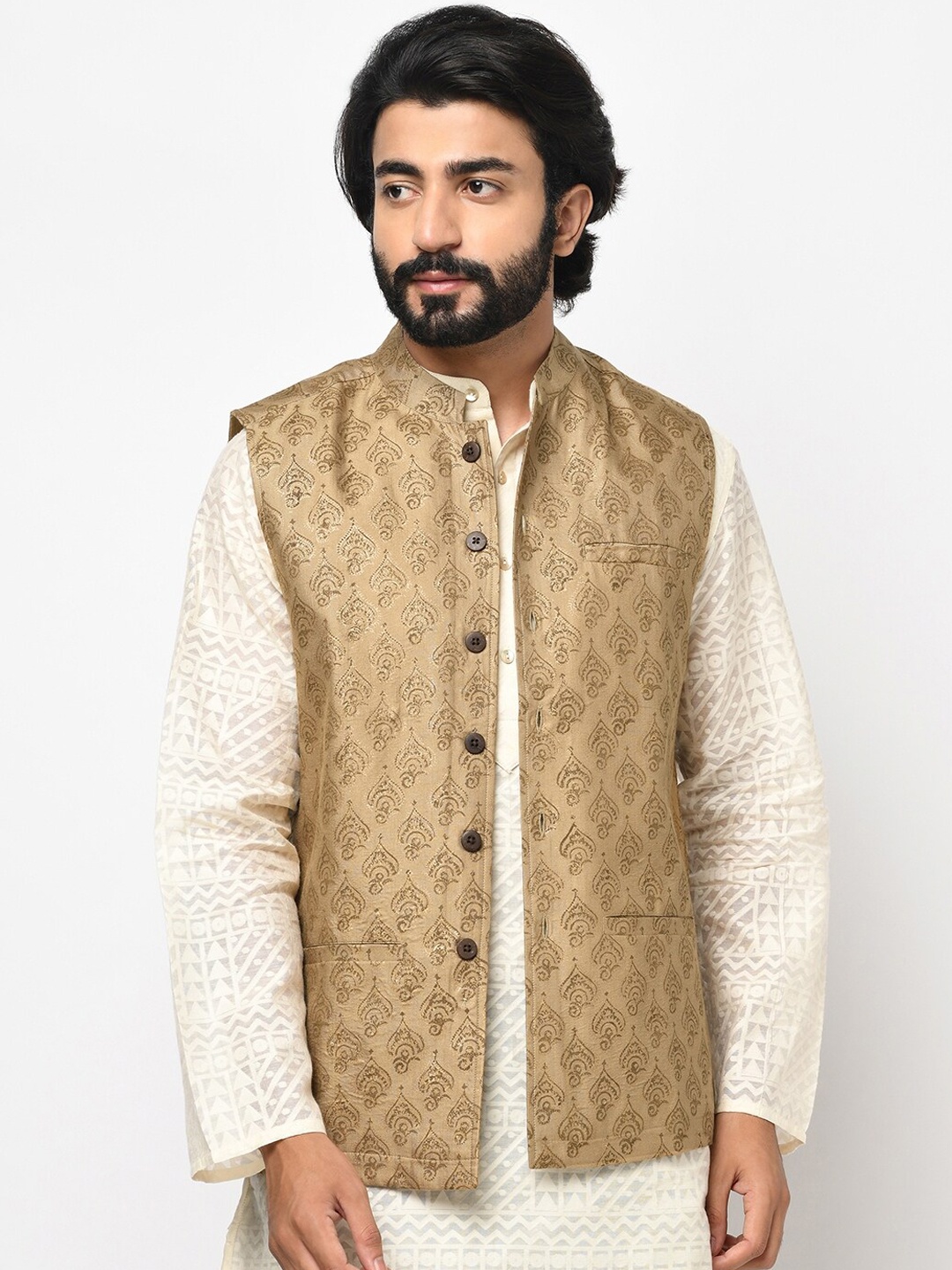 

Fabindia Men Beige Printed Woven Nehru Jacket