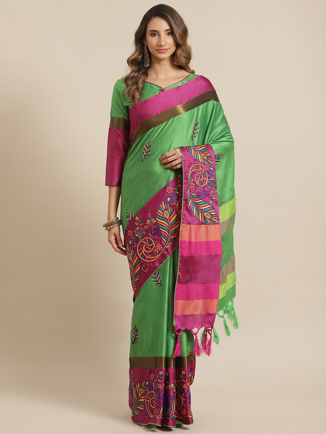 

Mitera Green & Pink Ethnic Motifs Embroidered Silk Cotton Chanderi Saree