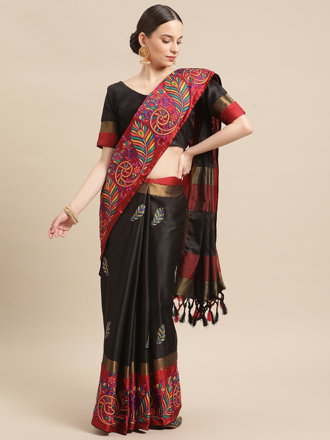 

Mitera Black Embellished Embroidered Silk Cotton Ready to Wear Chanderi Saree