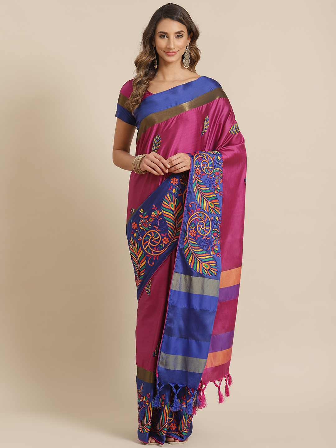 

Mitera Pink & Navy Blue Ethnic Motifs Embroidered Silk Cotton Chanderi Saree