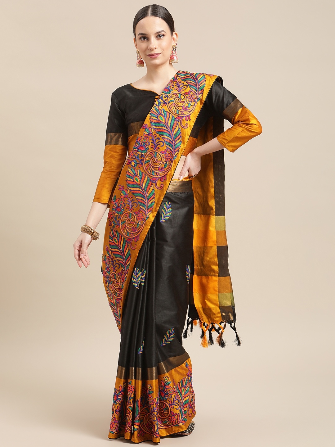 

Mitera Black Embellished Embroidered Silk Cotton Ready to Wear Chanderi Saree